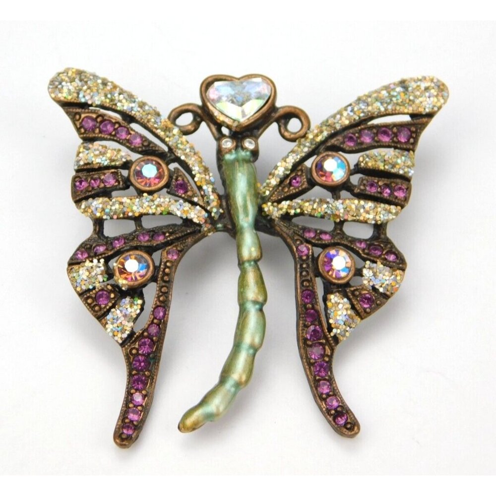 Vintage Kirks Folly AB Rhinestone Glitter Enamel Butterfly Brooch Pin 2"
